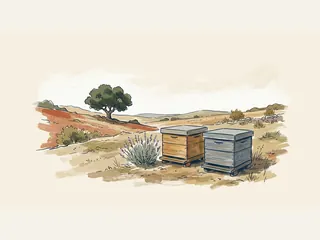 Dos colmenas de madera junto a lavanda en un paisaje rural mediterráneo.