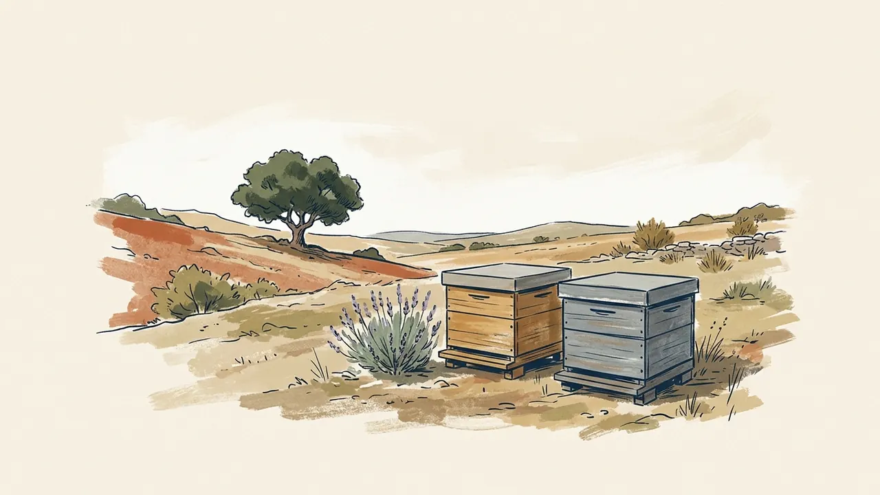 Dos colmenas de madera junto a lavanda en un paisaje rural mediterráneo.