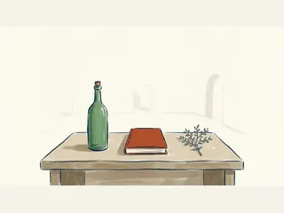 Bodegón cultural con una botella verde cerrada, un libro y una rama sobre una mesa.