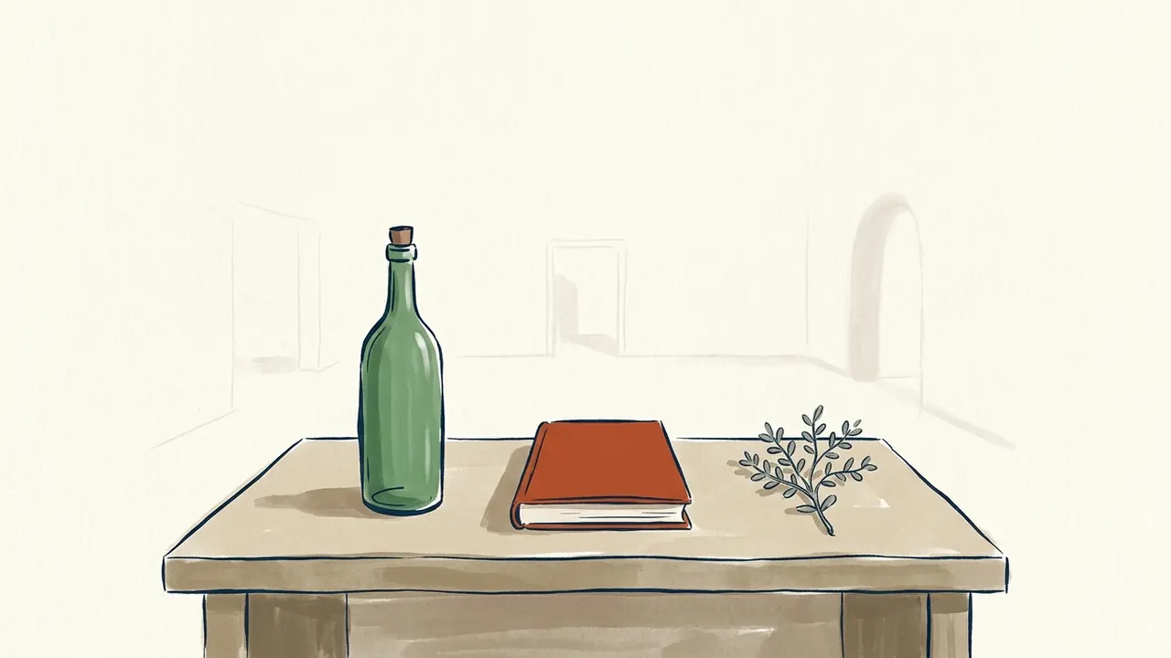 Bodegón cultural con una botella verde cerrada, un libro y una rama sobre una mesa.