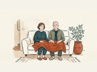 Dos personas adultas comparten una manta en un sofá junto a una maceta.