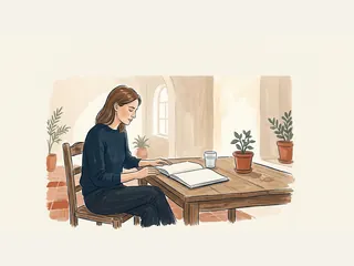 Mujer sentada ante un cuaderno en blanco, con un vaso de agua y una planta sobre la mesa.