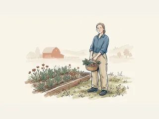 Agricultora con una cesta de productos junto a un bancal y una granja al fondo.