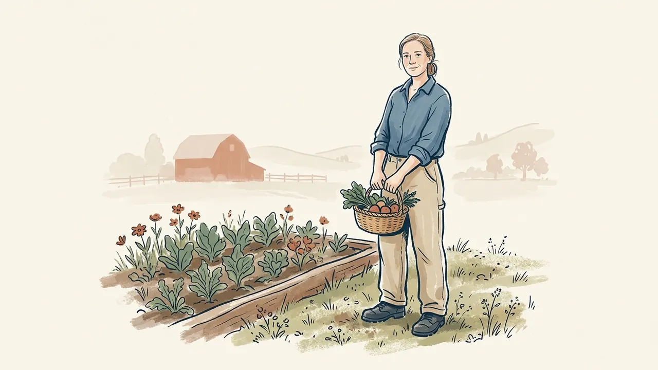 Agricultora con una cesta de productos junto a un bancal y una granja al fondo.