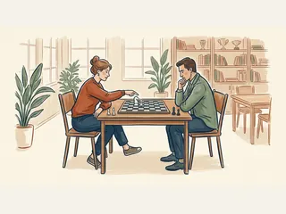 Dos adultos estudian una posición de ajedrez en una mesa de un club.