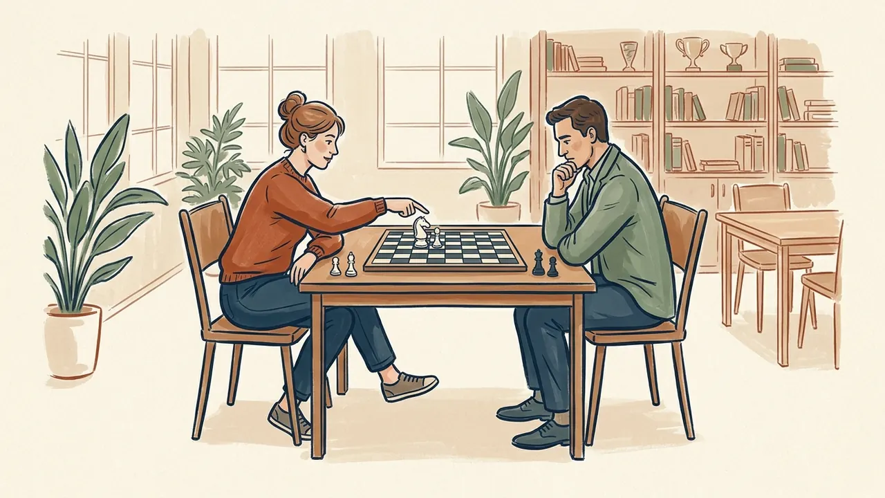 Dos adultos estudian una posición de ajedrez en una mesa de un club.