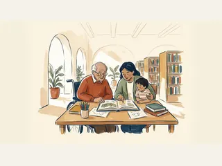 Tres generaciones leen juntas un libro ilustrado en una biblioteca.