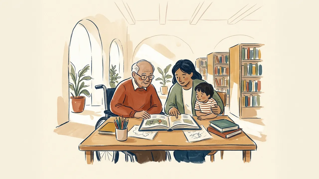 Tres generaciones leen juntas un libro ilustrado en una biblioteca.