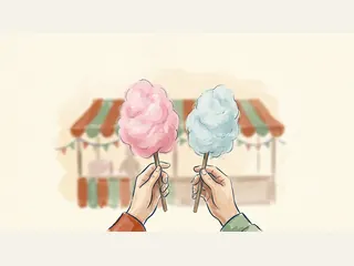 Dos manos sostienen algodones de azúcar rosa y azul ante un puesto de feria.