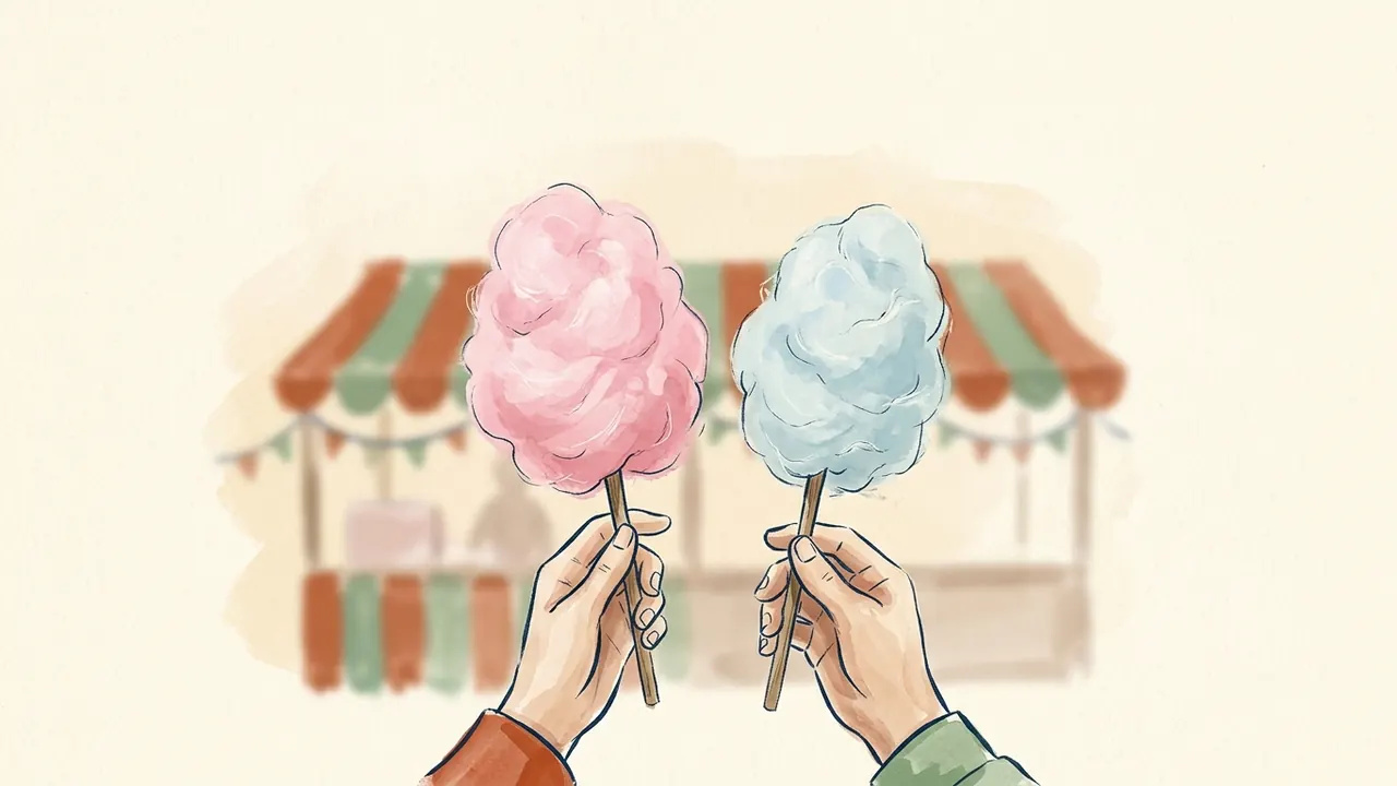 Dos manos sostienen algodones de azúcar rosa y azul ante un puesto de feria.