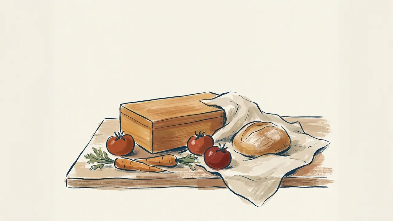 Bodegón con una caja de madera, tres tomates, dos zanahorias y una hogaza de pan sobre una mesa.