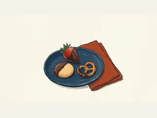 Fresa, galleta y pretzel parcialmente cubiertos de chocolate en un plato azul.