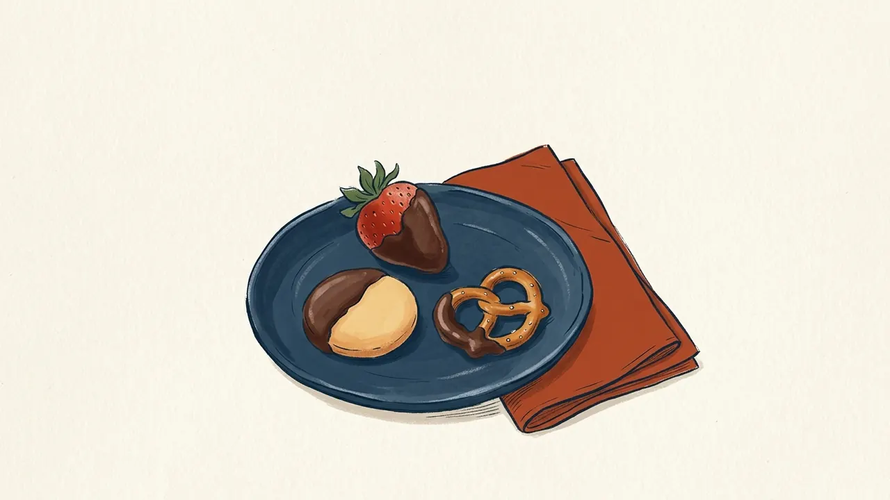 Fresa, galleta y pretzel parcialmente cubiertos de chocolate en un plato azul.