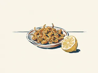 Almejas rebozadas en un plato con medio limón sobre una mesa clara.