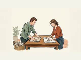 Dos adultos doblan paños y comparten las tareas del hogar.