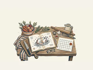 Un cuaderno con un dibujo de pavo asado y un calendario sin cifras sobre una mesa de cocina.