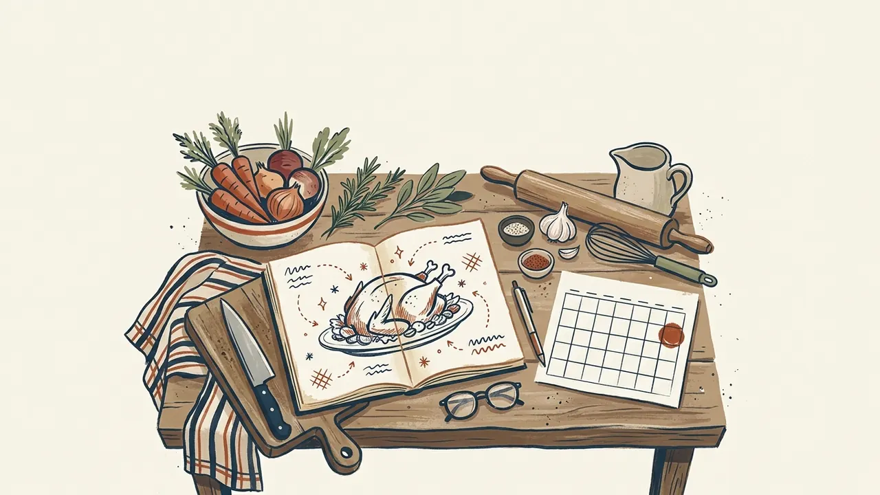 Un cuaderno con un dibujo de pavo asado y un calendario sin cifras sobre una mesa de cocina.