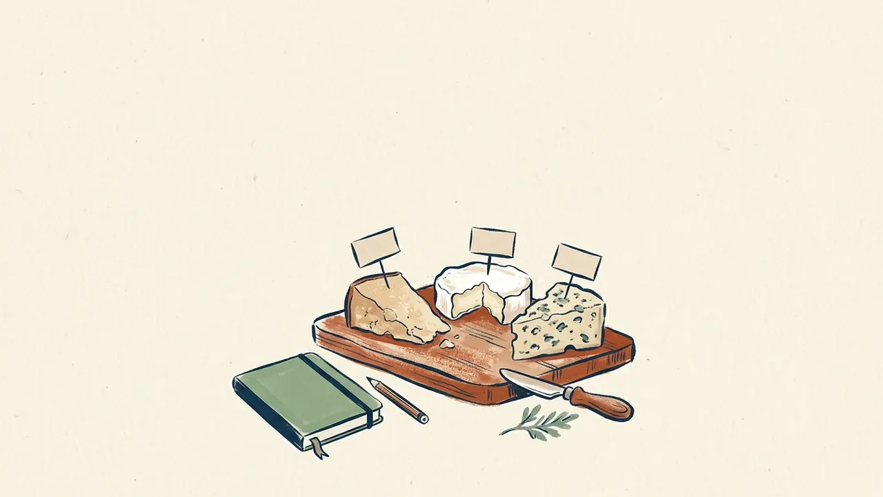Tres tipos de queso sobre una tabla se acompañan de un cuaderno y un cuchillo de servicio.