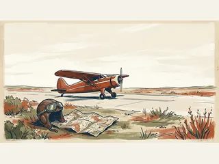 Un monoplano antiguo rojo permanece en una pista vacía, con un casco de aviación y un mapa sin rótulos en primer plano.