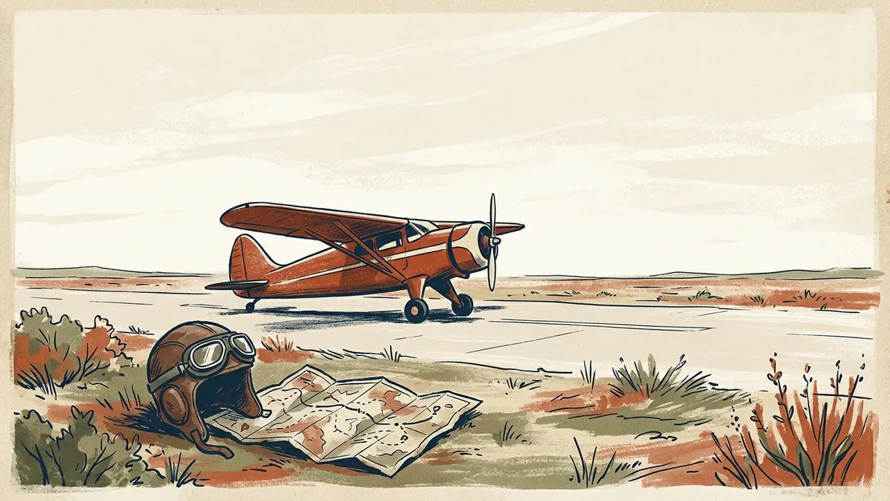 Un monoplano antiguo rojo permanece en una pista vacía, con un casco de aviación y un mapa sin rótulos en primer plano.