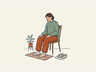 Persona sentada con calcetines sobre una alfombra y zapatillas a su lado.