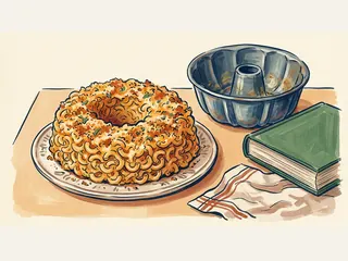 Una corona de pasta horneada con queso junto a un molde vacío y un recetario.