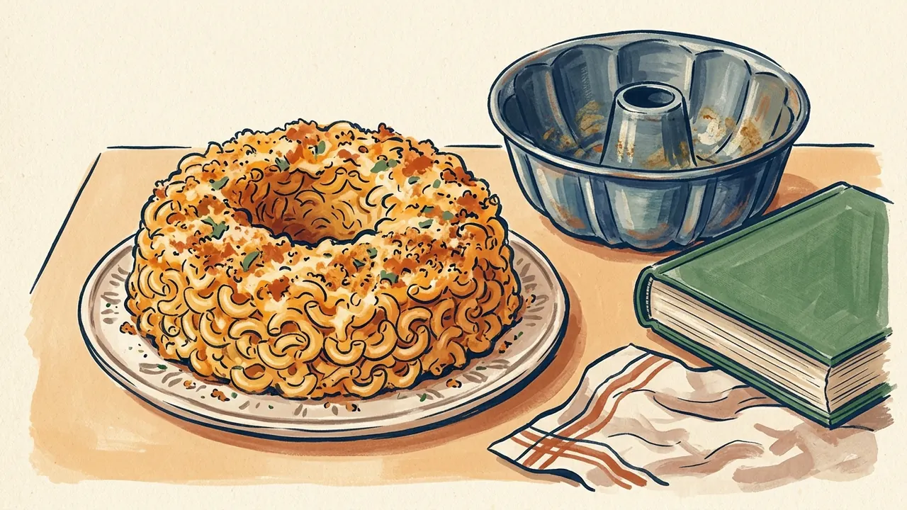 Una corona de pasta horneada con queso junto a un molde vacío y un recetario.