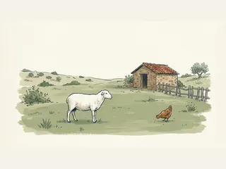 Una oveja y una gallina en una granja de piedra con tejado de teja.