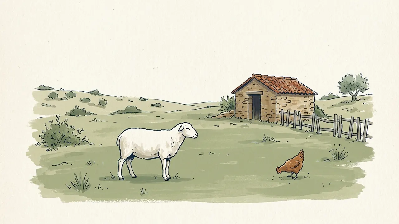 Una oveja y una gallina en una granja de piedra con tejado de teja.