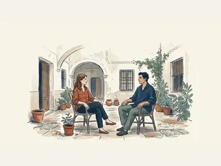 Una mujer y un hombre conversan sentados en un patio con plantas.