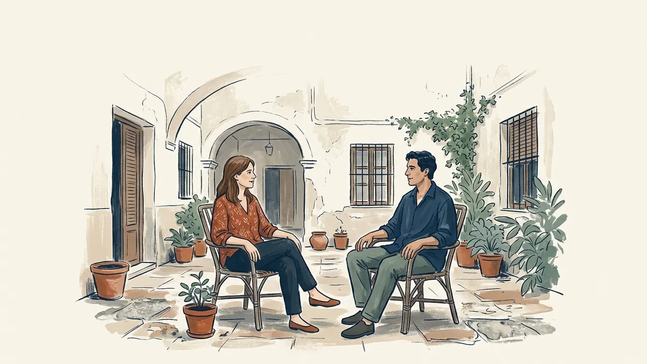 Una mujer y un hombre conversan sentados en un patio con plantas.