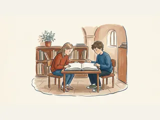 Dos escolares leen juntos un álbum en una biblioteca de barrio.