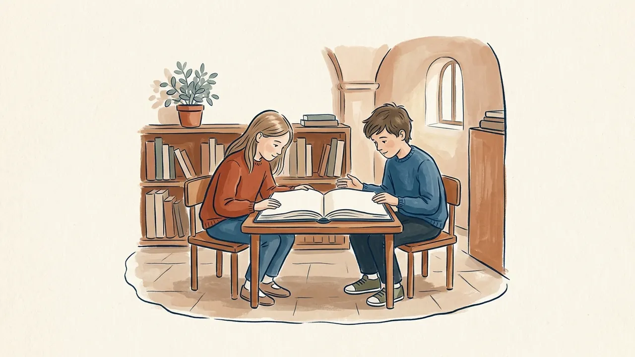 Dos escolares leen juntos un álbum en una biblioteca de barrio.
