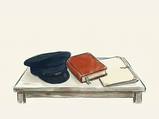 Gorra lisa de ceremonia, libro cerrado y carpeta de archivo sobre una mesa.