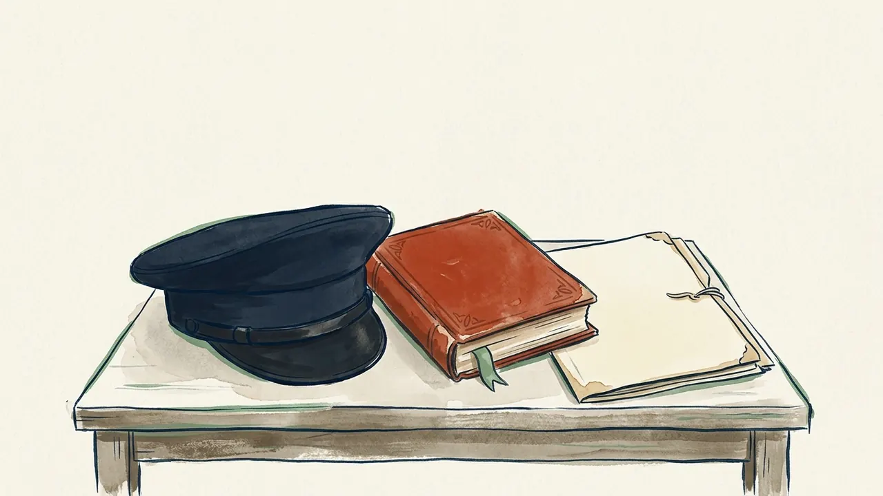 Gorra lisa de ceremonia, libro cerrado y carpeta de archivo sobre una mesa.