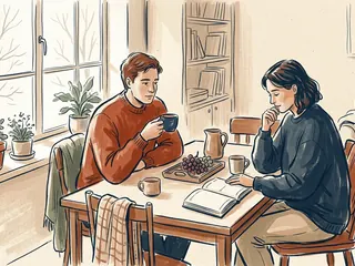 Dos personas desayunan junto a una ventana, con uvas, tazas y una agenda abierta sobre la mesa.