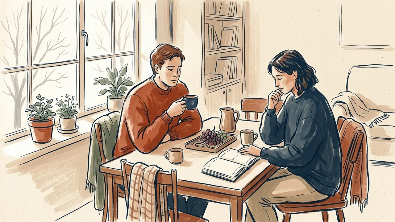 Dos personas desayunan junto a una ventana, con uvas, tazas y una agenda abierta sobre la mesa.