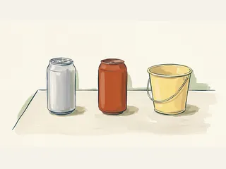 Dos latas sin etiquetas, una plateada y otra color teja, junto a un recipiente amarillo.