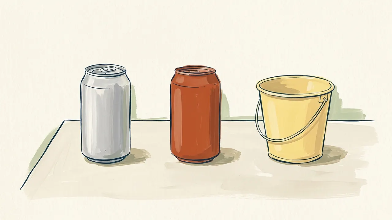 Dos latas sin etiquetas, una plateada y otra color teja, junto a un recipiente amarillo.
