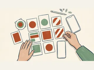 Dos manos organizan tarjetas con figuras geométricas junto a dispositivos con pantallas vacías.