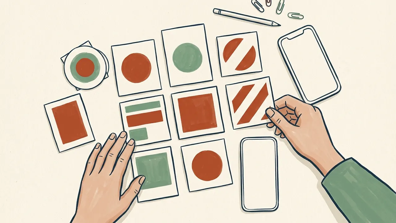 Dos manos organizan tarjetas con figuras geométricas junto a dispositivos con pantallas vacías.