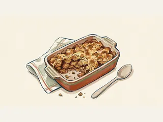 Postre de manzana y migas horneadas en un recipiente rectangular con una cuchara.