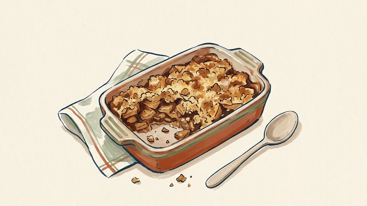 Postre de manzana y migas horneadas en un recipiente rectangular con una cuchara.