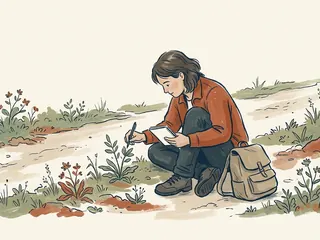 Una persona observa plantas silvestres junto a un sendero y las dibuja en un cuaderno.