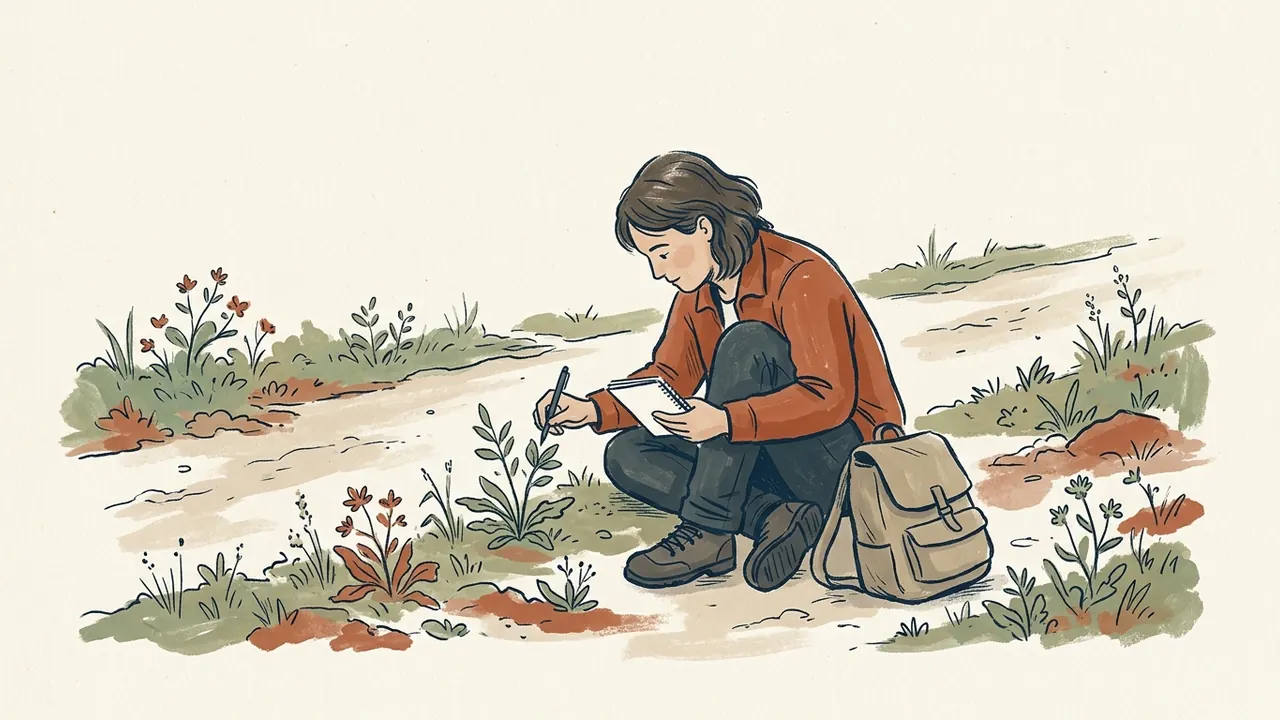 Una persona observa plantas silvestres junto a un sendero y las dibuja en un cuaderno.