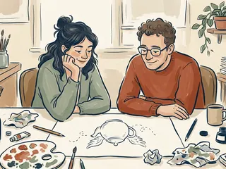 Dos personas sonríen al observar el dibujo de una tetera con alas.