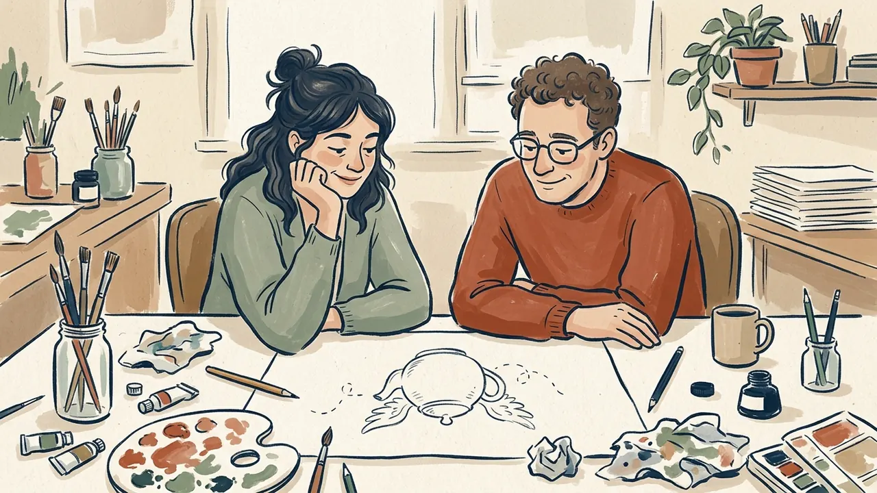 Dos personas sonríen al observar el dibujo de una tetera con alas.