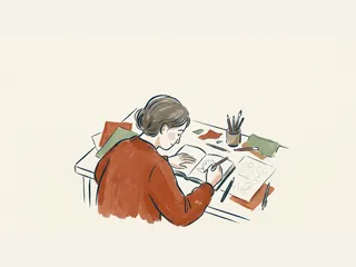 Una persona comienza a dibujar en un cuaderno rodeado de lápices, pinceles y papeles de colores.