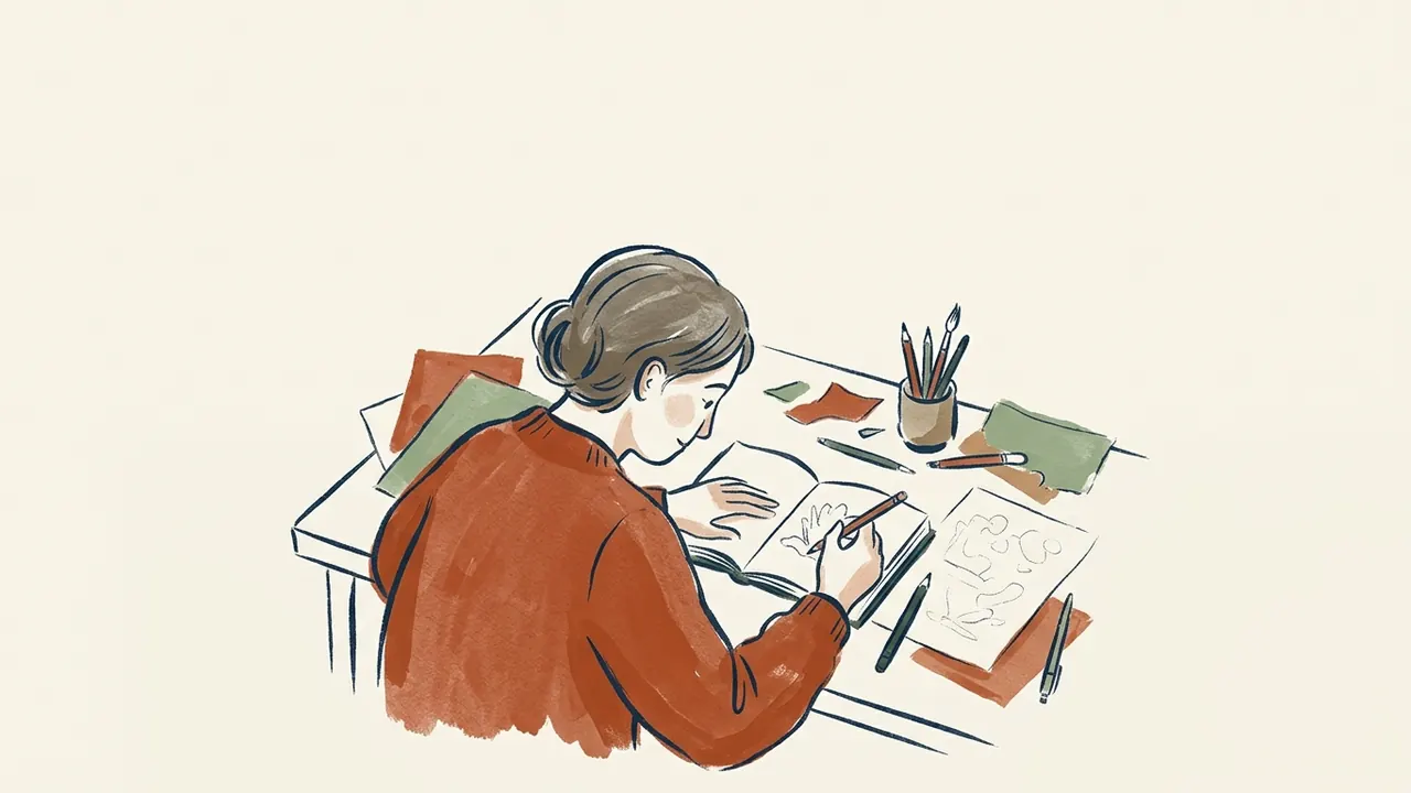 Una persona comienza a dibujar en un cuaderno rodeado de lápices, pinceles y papeles de colores.