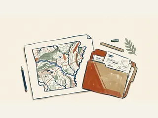 Un mapa esquemático de Arkansas con un río junto a una carpeta con documentos.